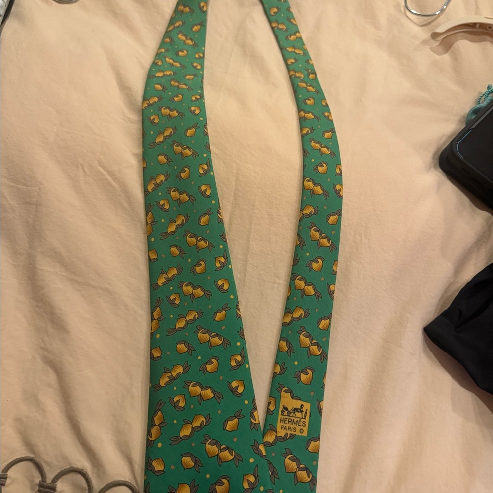 Hermes Green Tie with Yellow Pattern